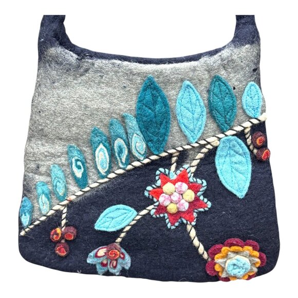 Nepal Handmade Felted Wool Tote Shoulder Bag Brown Gray Blue Flower Floral Purse - Picture 1 of 11